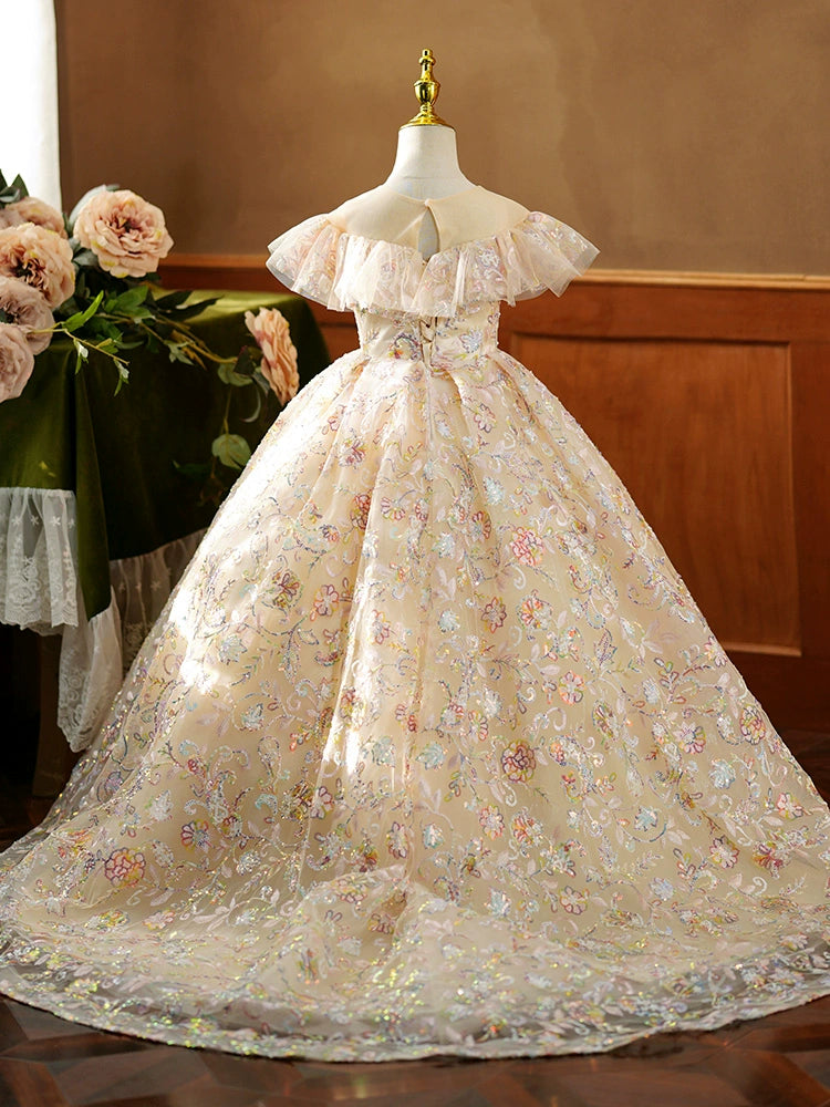 Princess Champagne Sequined Crossed Straps Baptism Beaded Floor Length Sleeveless Cap Sleeve Round Flower Girl Dress