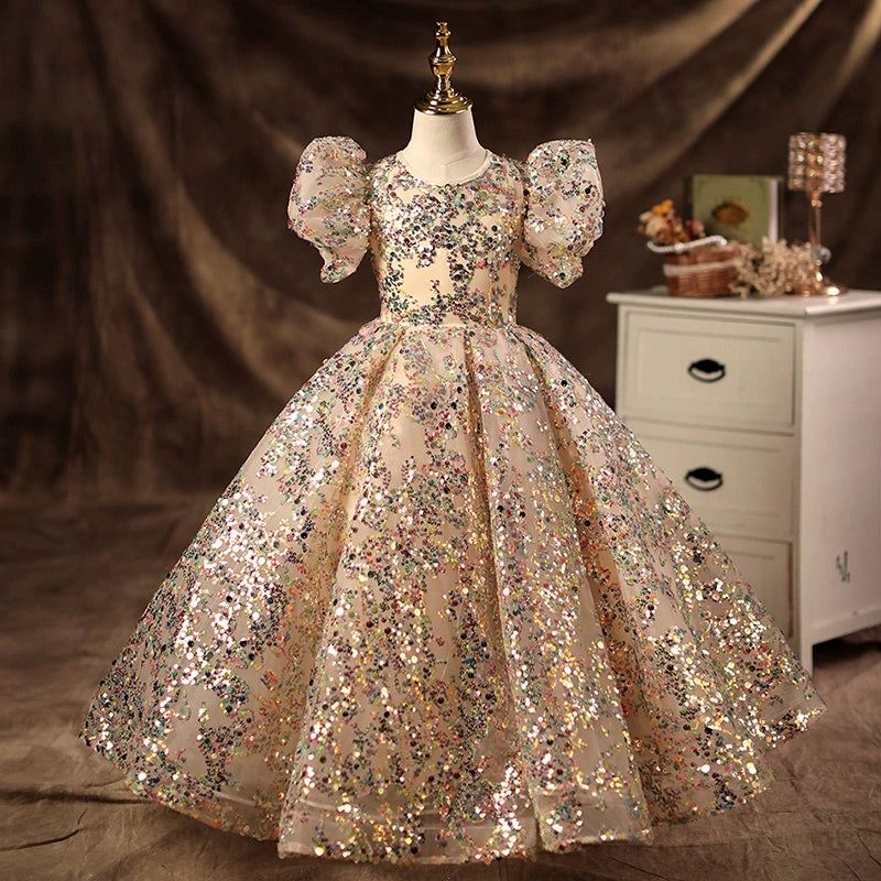 Princess Champagne Sequined Crossed Straps Baptism Sequin Floor Length Short Sleeve Puff Sleeve Jewel Neck Flower Girl Dress