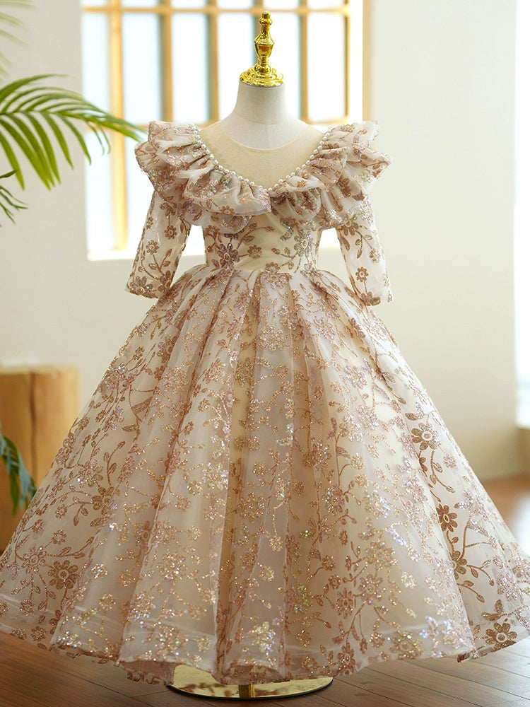 Princess Champagne Sequined Crossed Straps Birthday Lace Floor Length Long Sleeve Scoop Flower Girl Dress