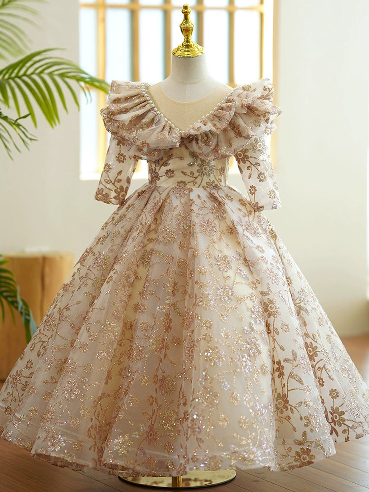 Princess Champagne Sequined Crossed Straps Birthday Lace Floor Length Long Sleeve Scoop Flower Girl Dress