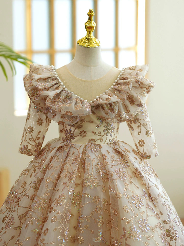 Princess Champagne Sequined Crossed Straps Birthday Lace Floor Length Long Sleeve Scoop Flower Girl Dress