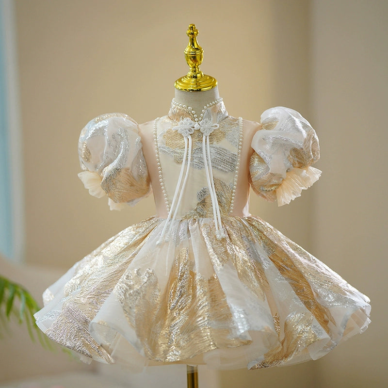 Princess Champagne Tulle Back Zip Baptism Beaded Tea Length Short Sleeve Puff Sleeve Mock Neck Flower Girl Dress