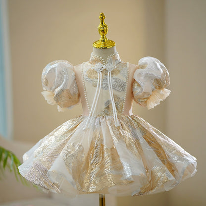 Princess Champagne Tulle Back Zip Baptism Beaded Tea Length Short Sleeve Puff Sleeve Mock Neck Flower Girl Dress