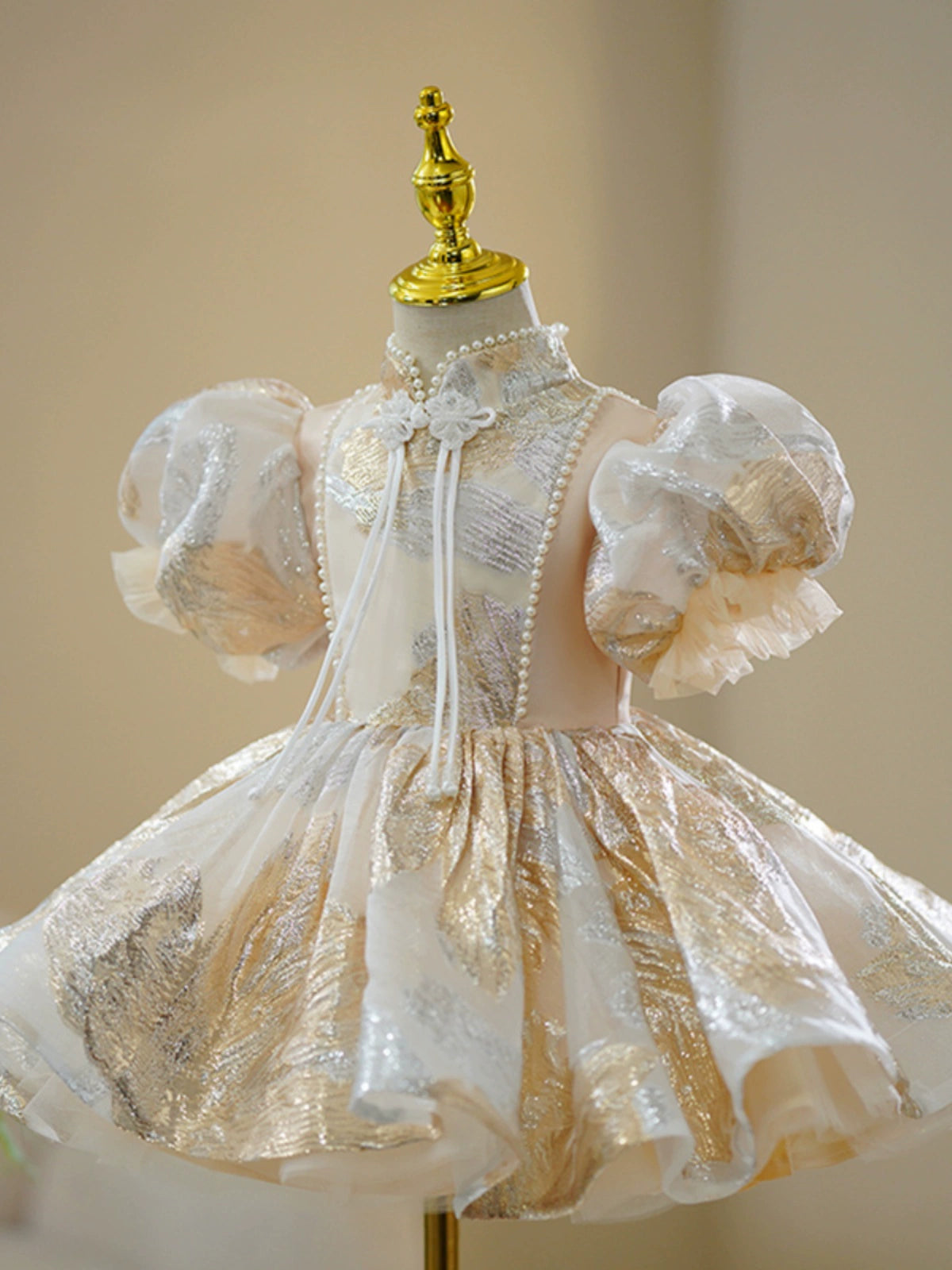 Princess Champagne Tulle Back Zip Baptism Beaded Tea Length Short Sleeve Puff Sleeve Mock Neck Flower Girl Dress