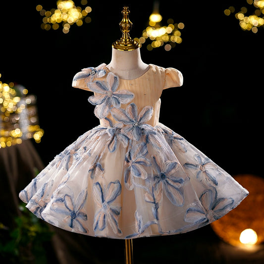 Princess Champagne Tulle Back Zip Baptism Flower(s) Tea Length Short Sleeve Cap Sleeve Round Flower Girl Dress