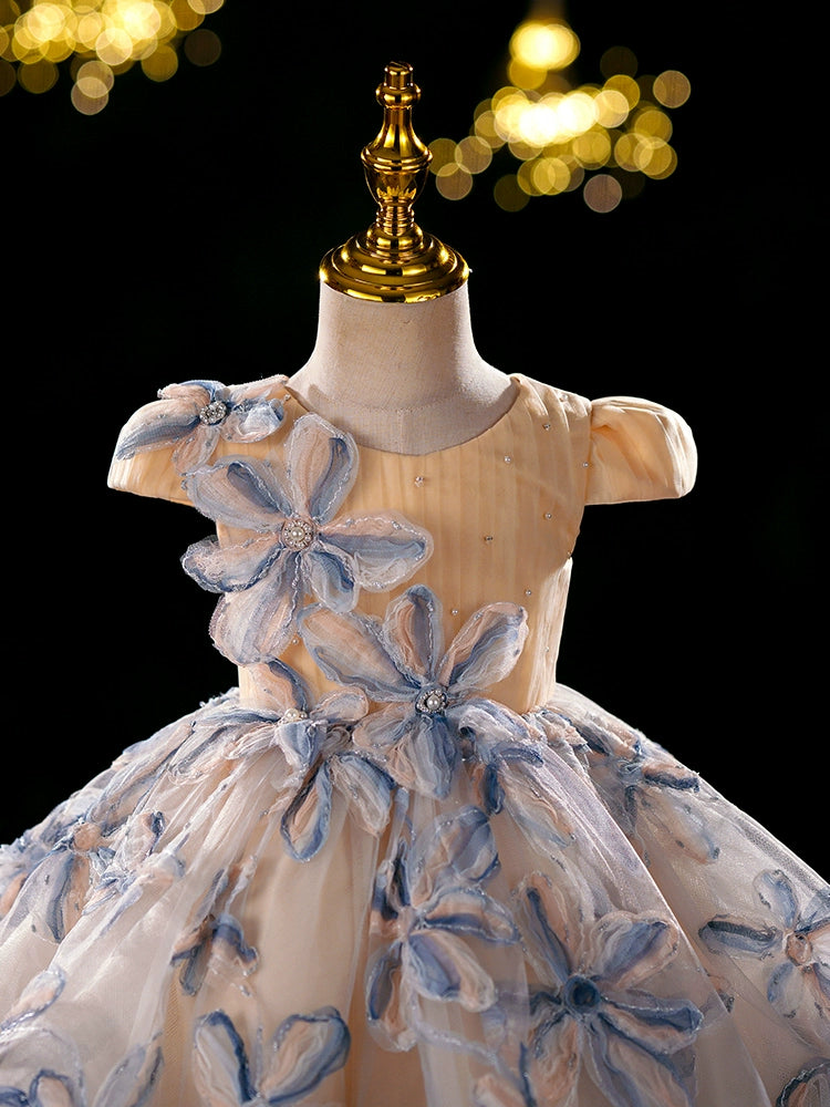 Princess Champagne Tulle Back Zip Baptism Flower(s) Tea Length Short Sleeve Cap Sleeve Round Flower Girl Dress