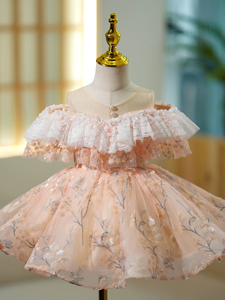 Princess Champagne Tulle Back Zip Baptism Lace Sleeveless Cold Shoulder Sleeve Scoop Flower Girl Dress