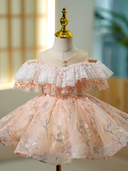 Princess Champagne Tulle Back Zip Baptism Lace Sleeveless Cold Shoulder Sleeve Scoop Flower Girl Dress