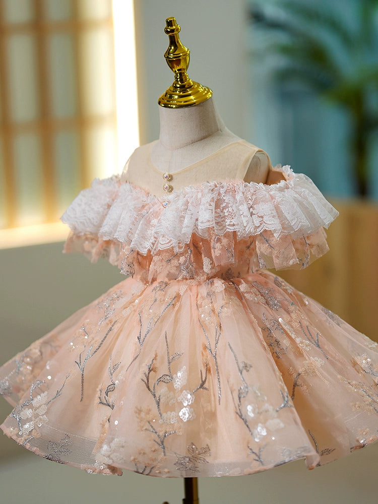 Princess Champagne Tulle Back Zip Baptism Lace Sleeveless Cold Shoulder Sleeve Scoop Flower Girl Dress