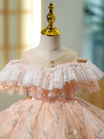 Princess Champagne Tulle Back Zip Baptism Lace Sleeveless Cold Shoulder Sleeve Scoop Flower Girl Dress