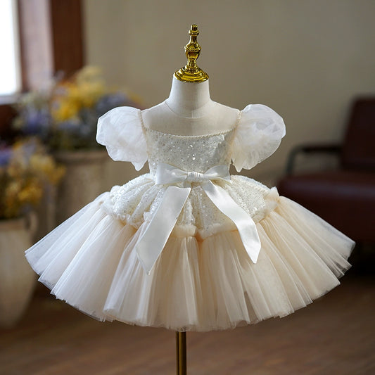 Princess Champagne Tulle Back Zip Baptism Sequin Tea Length Short Sleeve Puff Sleeve Round Flower Girl Dress