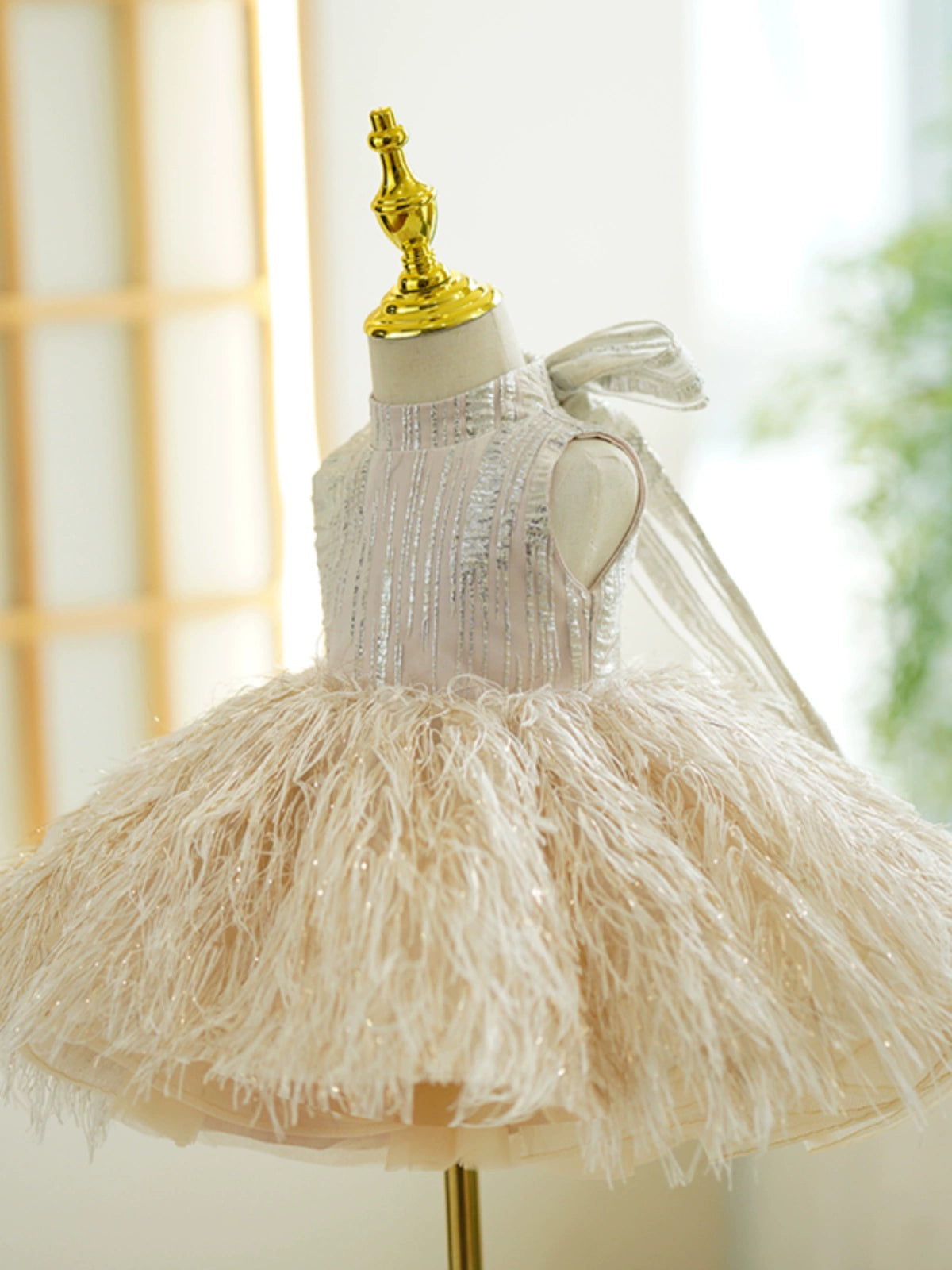 Princess Champagne Tulle Back Zip Baptism Sequin Tea Length Sleeveless Mock Neck Flower Girl Dress