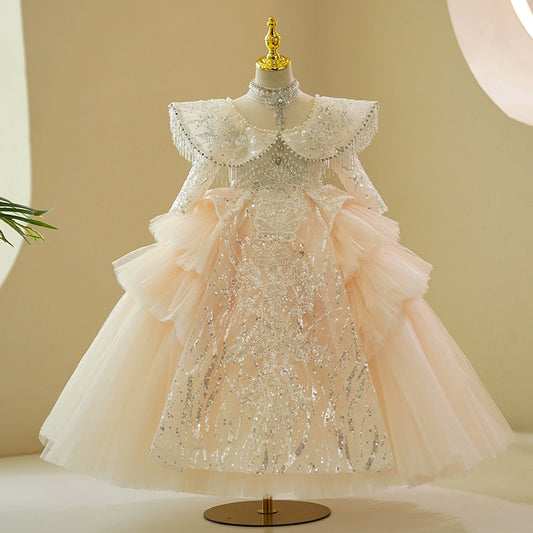 Princess Champagne Tulle Crossed Straps Baptism Lace Floor Length Long Sleeve Mock Neck Flower Girl Dress