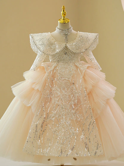 Princess Champagne Tulle Crossed Straps Baptism Lace Floor Length Long Sleeve Mock Neck Flower Girl Dress