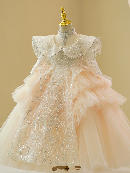 Princess Champagne Tulle Crossed Straps Baptism Lace Floor Length Long Sleeve Mock Neck Flower Girl Dress