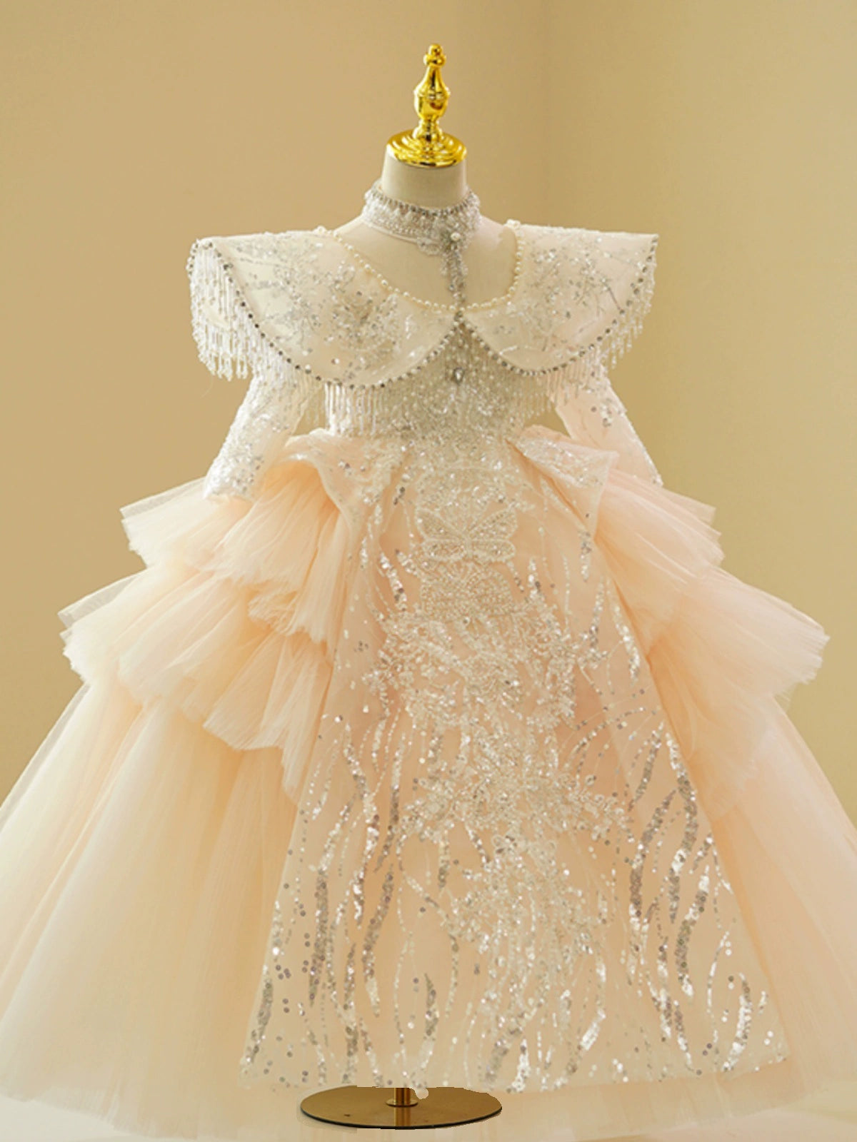 Princess Champagne Tulle Crossed Straps Baptism Lace Floor Length Long Sleeve Mock Neck Flower Girl Dress