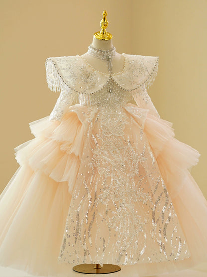 Princess Champagne Tulle Crossed Straps Baptism Lace Floor Length Long Sleeve Mock Neck Flower Girl Dress