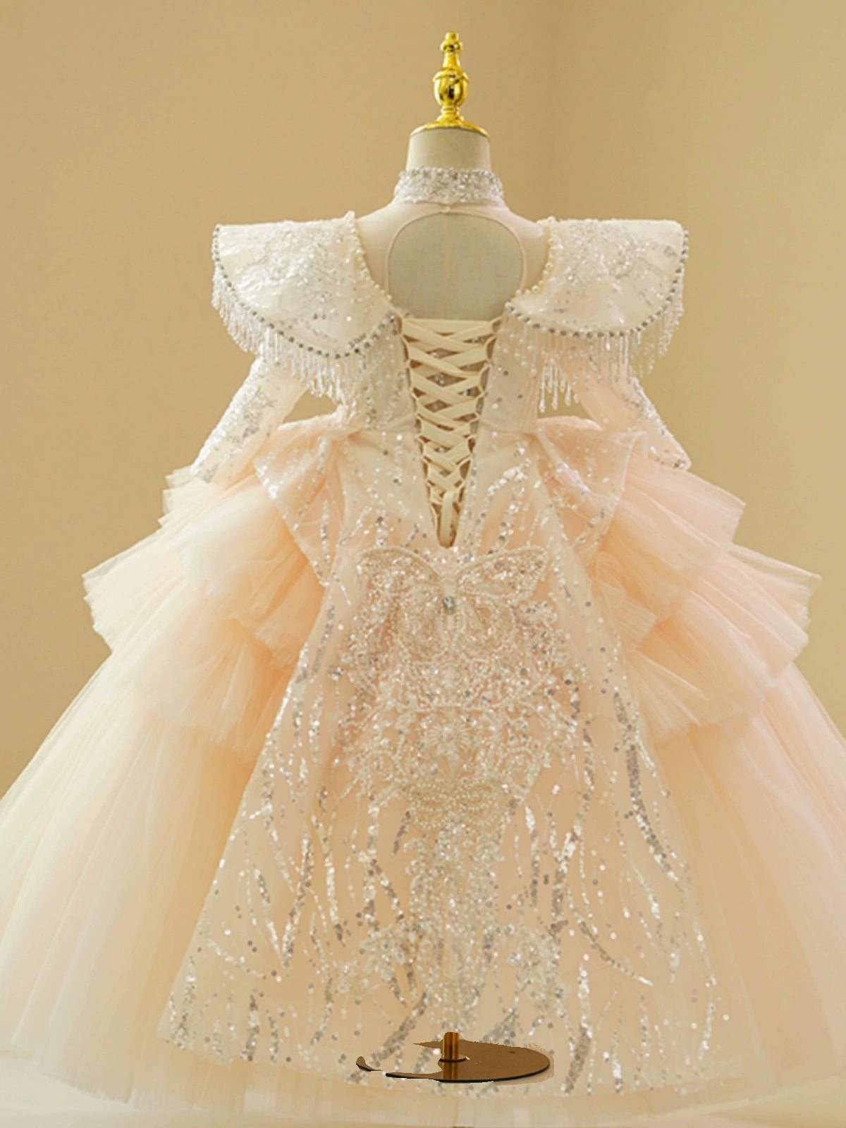 Princess Champagne Tulle Crossed Straps Baptism Lace Floor Length Long Sleeve Mock Neck Flower Girl Dress