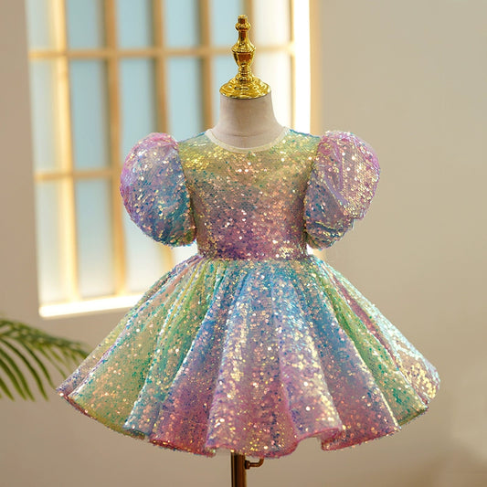 Princess Colorful Sequined Back Zip Baptism Sequin Tea Length Short Sleeve Puff Sleeve Round Flower Girl Dress