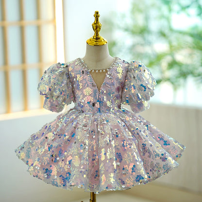 Princess Colorful Sequined V Back Baptism Beaded Tea Length Short Sleeve Puff Sleeve V-Neck Flower Girl Dress