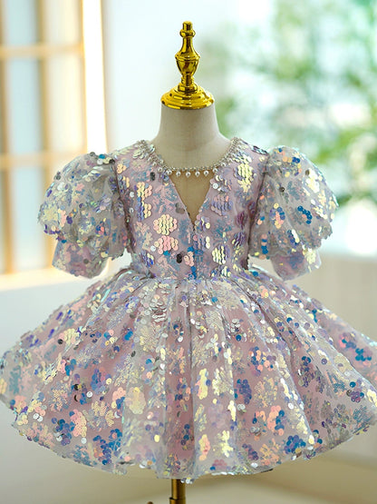 Princess Colorful Sequined V Back Baptism Beaded Tea Length Short Sleeve Puff Sleeve V-Neck Flower Girl Dress