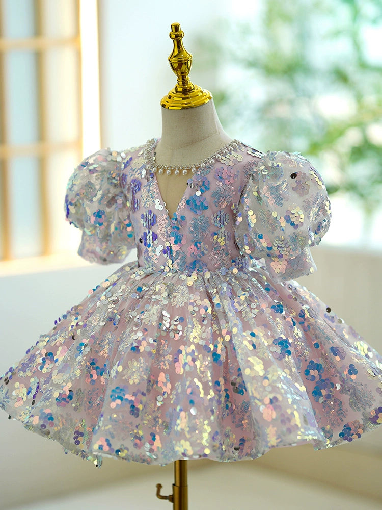 Princess Colorful Sequined V Back Baptism Beaded Tea Length Short Sleeve Puff Sleeve V-Neck Flower Girl Dress
