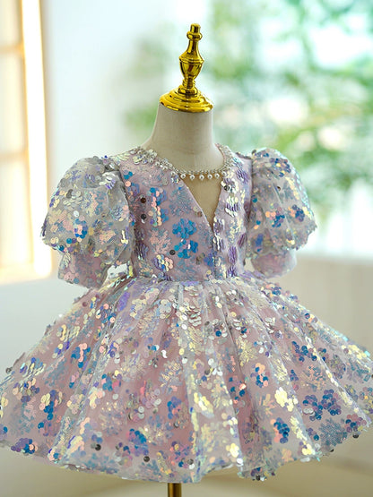 Princess Colorful Sequined V Back Baptism Beaded Tea Length Short Sleeve Puff Sleeve V-Neck Flower Girl Dress