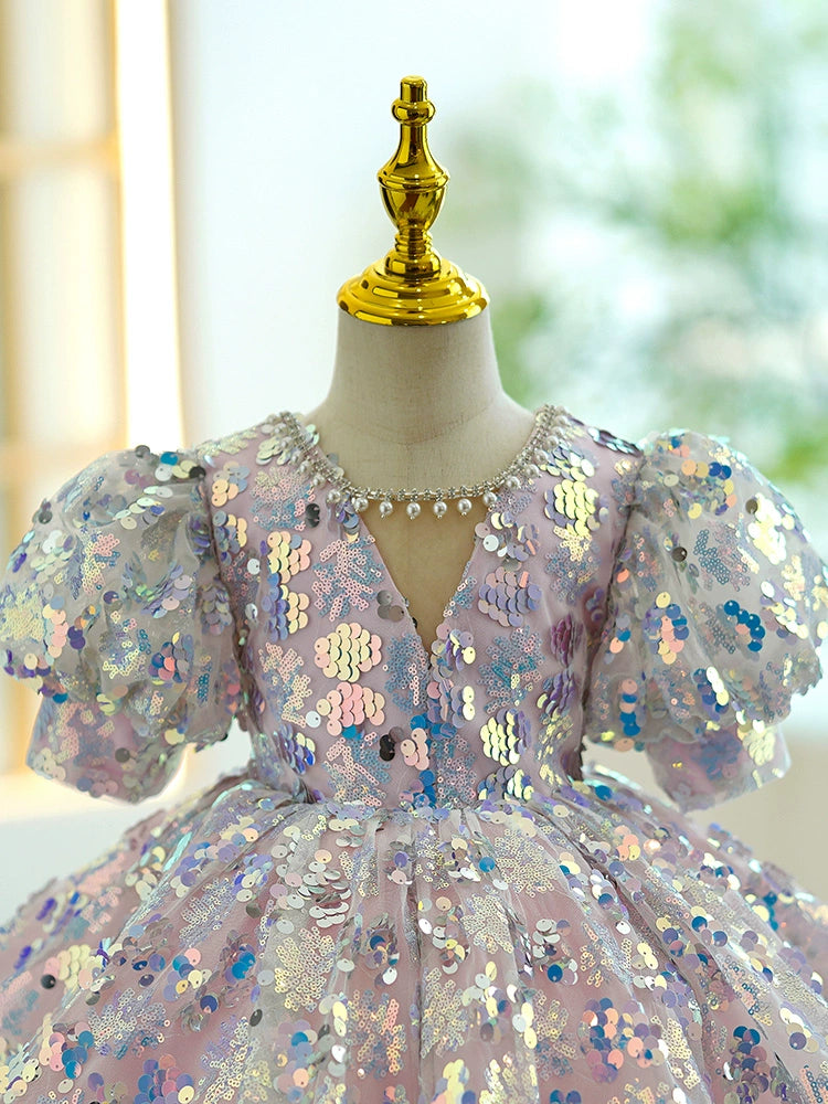 Princess Colorful Sequined V Back Baptism Beaded Tea Length Short Sleeve Puff Sleeve V-Neck Flower Girl Dress