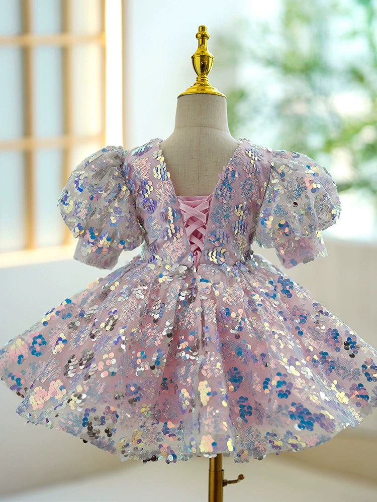 Princess Colorful Sequined V Back Baptism Beaded Tea Length Short Sleeve Puff Sleeve V-Neck Flower Girl Dress