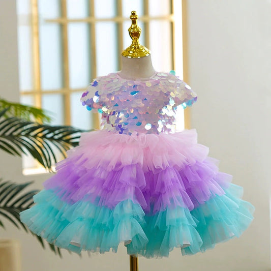 Princess Colorful Tulle Back Zip Baptism Sequin Tea Length Short Sleeve Cap Sleeve Round Flower Girl Dress