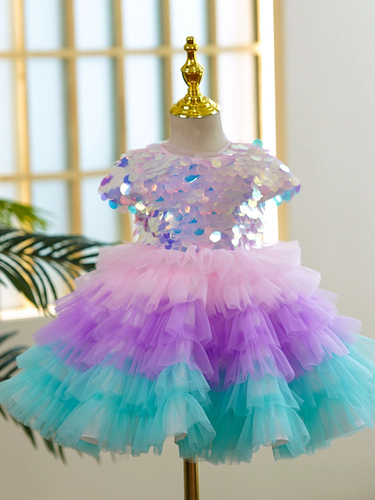 Princess Colorful Tulle Back Zip Baptism Sequin Tea Length Short Sleeve Cap Sleeve Round Flower Girl Dress