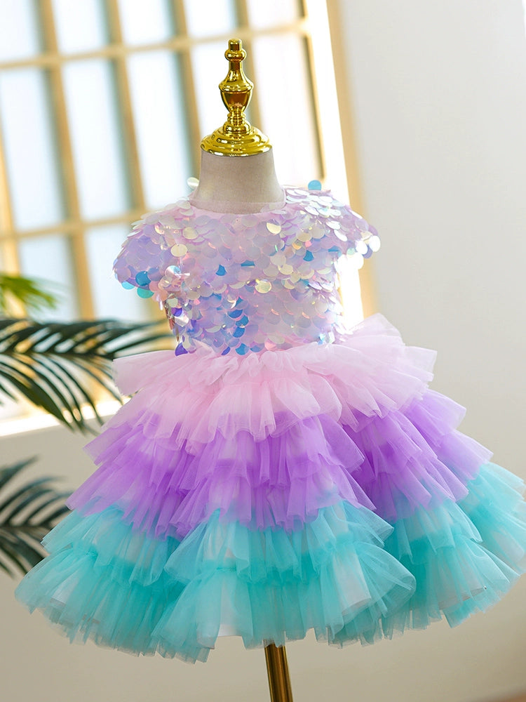 Princess Colorful Tulle Back Zip Baptism Sequin Tea Length Short Sleeve Cap Sleeve Round Flower Girl Dress