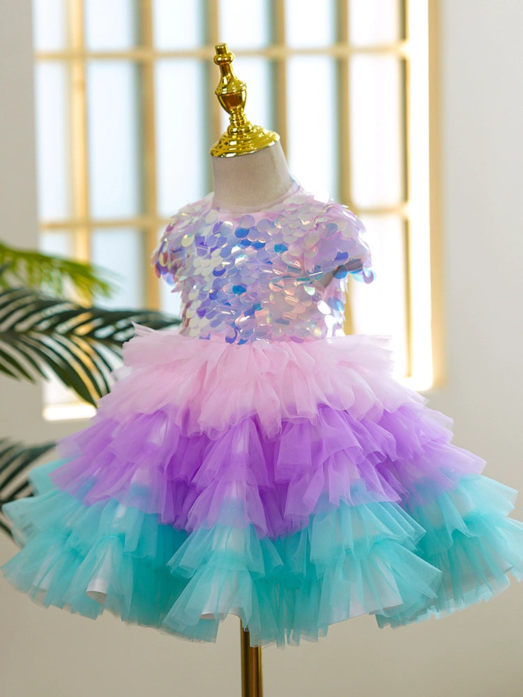 Princess Colorful Tulle Back Zip Baptism Sequin Tea Length Short Sleeve Cap Sleeve Round Flower Girl Dress