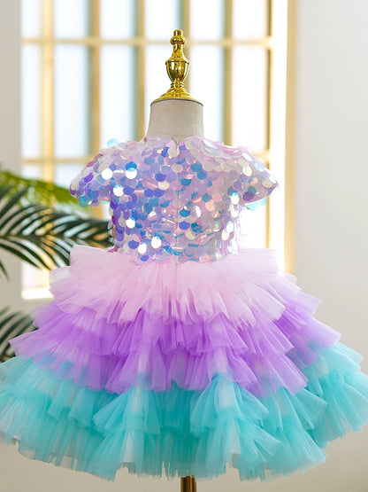 Princess Colorful Tulle Back Zip Baptism Sequin Tea Length Short Sleeve Cap Sleeve Round Flower Girl Dress