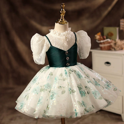 Princess Dark Green Lace Back Zip Baptism Lace Tea Length Long Sleeve Puff Sleeve Mock Neck Flower Girl Dress