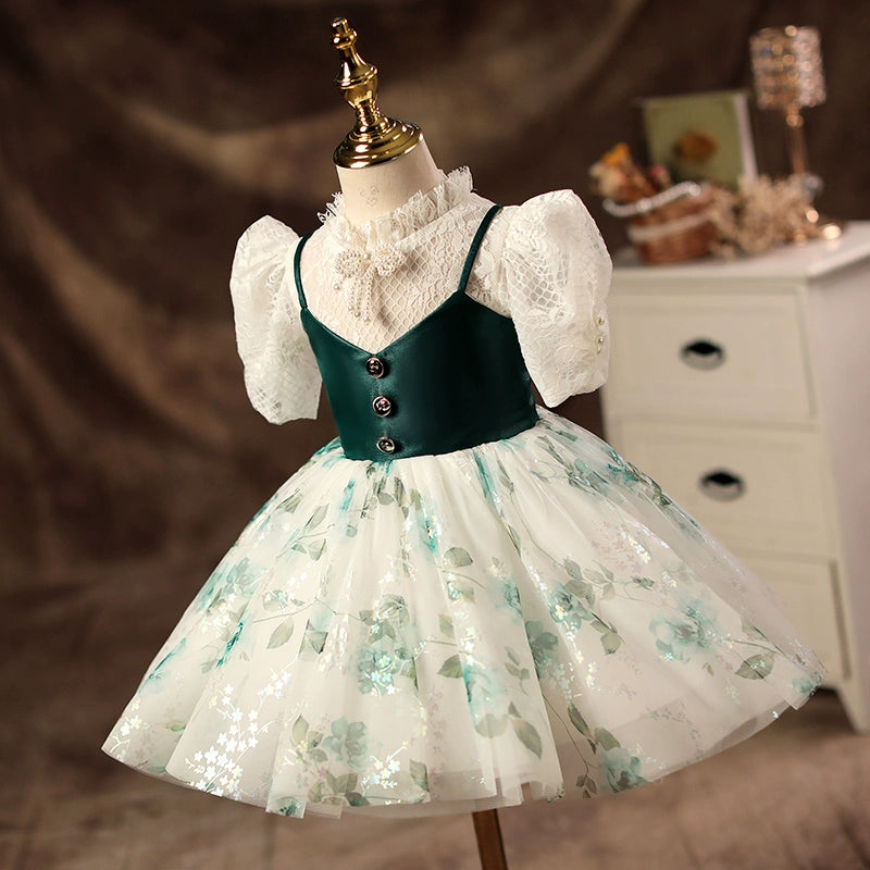 Princess Dark Green Lace Back Zip Baptism Lace Tea Length Long Sleeve Puff Sleeve Mock Neck Flower Girl Dress