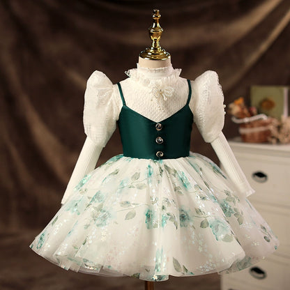 Princess Dark Green Lace Back Zip Baptism Lace Tea Length Long Sleeve Puff Sleeve Mock Neck Flower Girl Dress