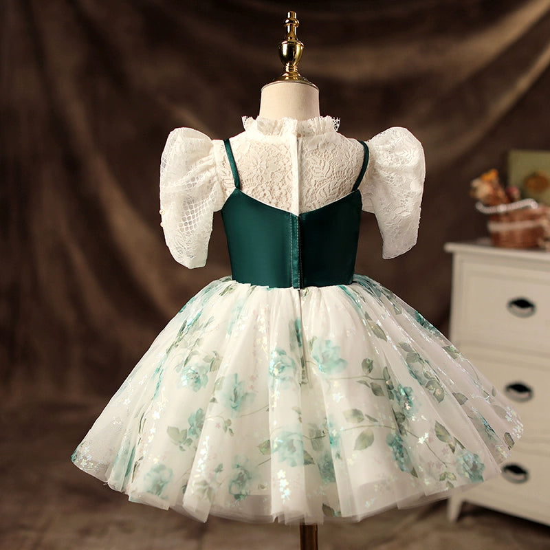 Princess Dark Green Lace Back Zip Baptism Lace Tea Length Long Sleeve Puff Sleeve Mock Neck Flower Girl Dress