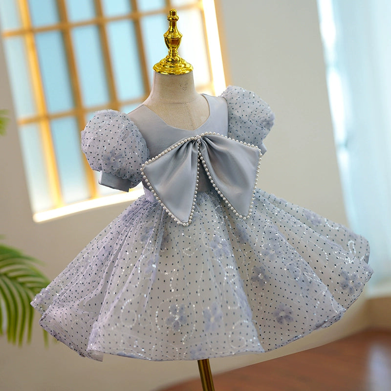 Princess Dusty Blue Satin Back Zip Baptism Sequins Tea Length Short Sleeve Puff Sleeve Scoop Flower Girl Dress