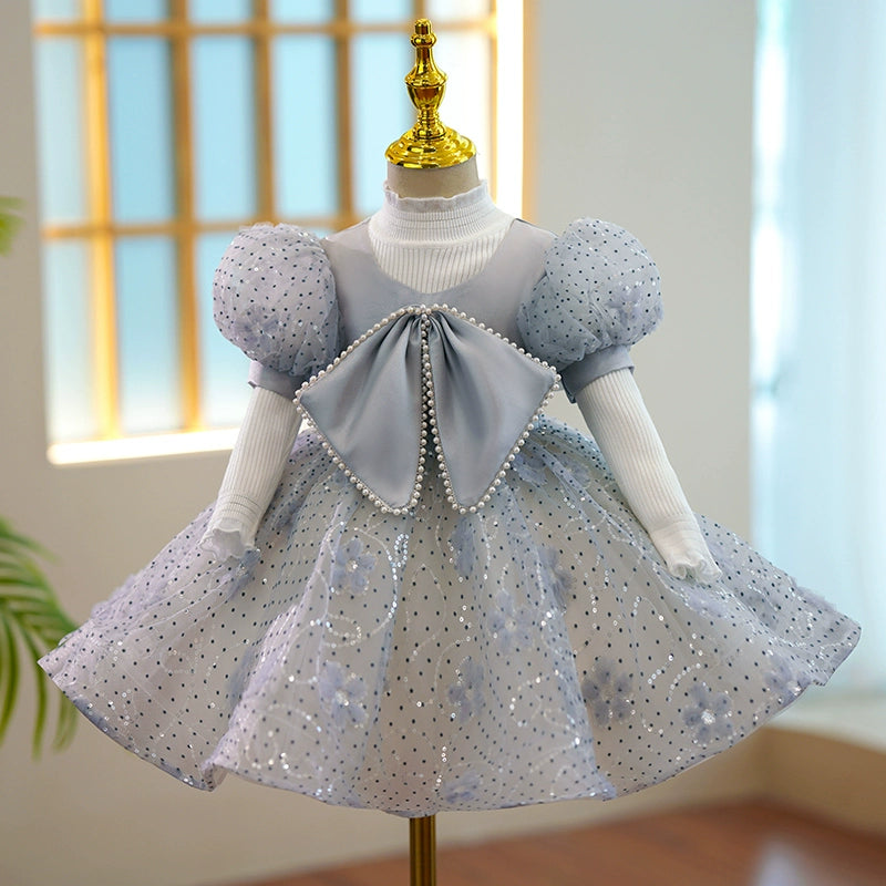 Princess Dusty Blue Satin Back Zip Baptism Sequins Tea Length Short Sleeve Puff Sleeve Scoop Flower Girl Dress