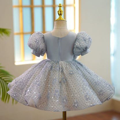 Princess Dusty Blue Satin Back Zip Baptism Sequins Tea Length Short Sleeve Puff Sleeve Scoop Flower Girl Dress