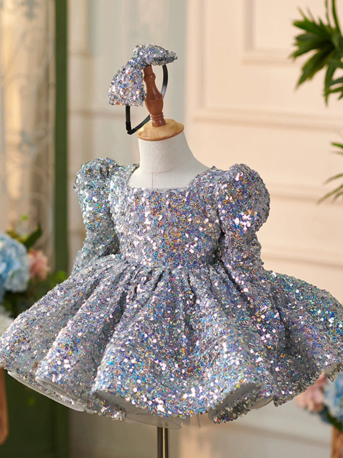 Princess Dusty Blue Sequined Back Zip Baptism Sequin Tea Length Long Sleeve Square Flower Girl Dress