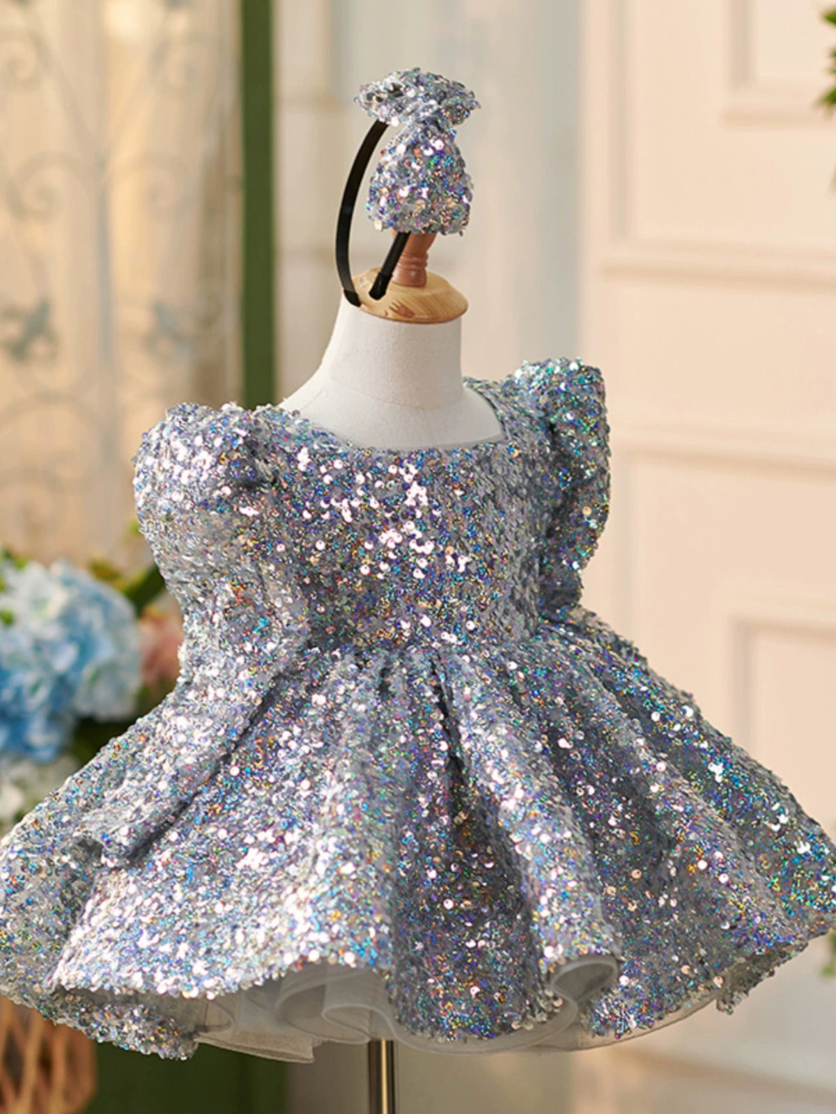 Princess Dusty Blue Sequined Back Zip Baptism Sequin Tea Length Long Sleeve Square Flower Girl Dress