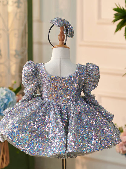 Princess Dusty Blue Sequined Back Zip Baptism Sequin Tea Length Long Sleeve Square Flower Girl Dress