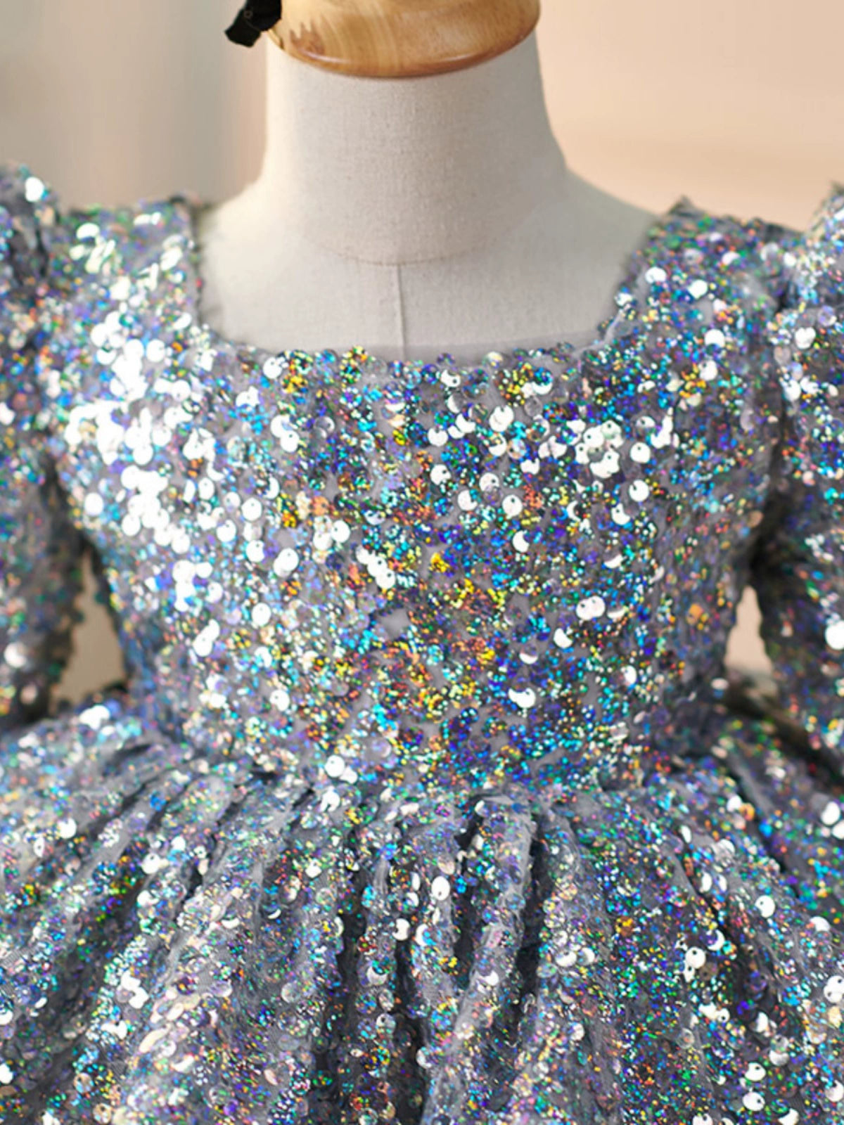 Princess Dusty Blue Sequined Back Zip Baptism Sequin Tea Length Long Sleeve Square Flower Girl Dress