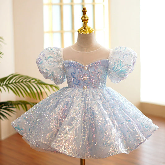 Princess Dusty Blue Sequined Back Zip Baptism Sequin Tea Length Short Sleeve Lantern Sleeve Round Flower Girl Dress