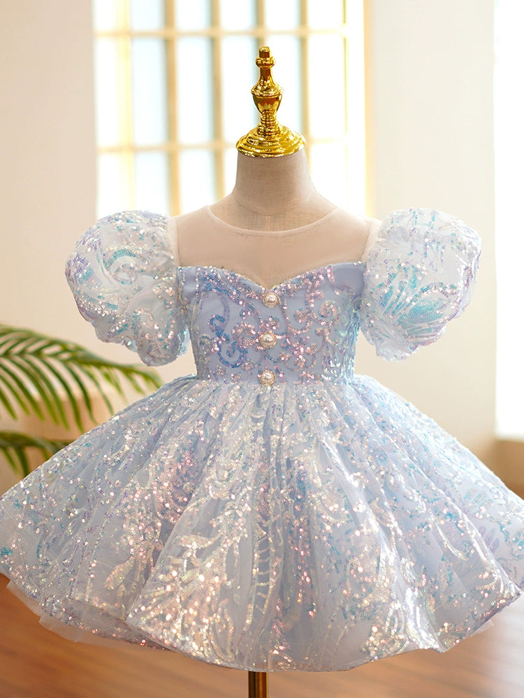 Princess Dusty Blue Sequined Back Zip Baptism Sequin Tea Length Short Sleeve Lantern Sleeve Round Flower Girl Dress