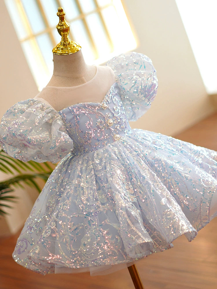 Princess Dusty Blue Sequined Back Zip Baptism Sequin Tea Length Short Sleeve Lantern Sleeve Round Flower Girl Dress