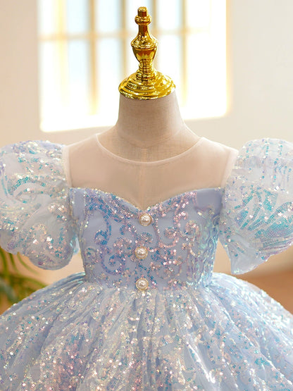 Princess Dusty Blue Sequined Back Zip Baptism Sequin Tea Length Short Sleeve Lantern Sleeve Round Flower Girl Dress