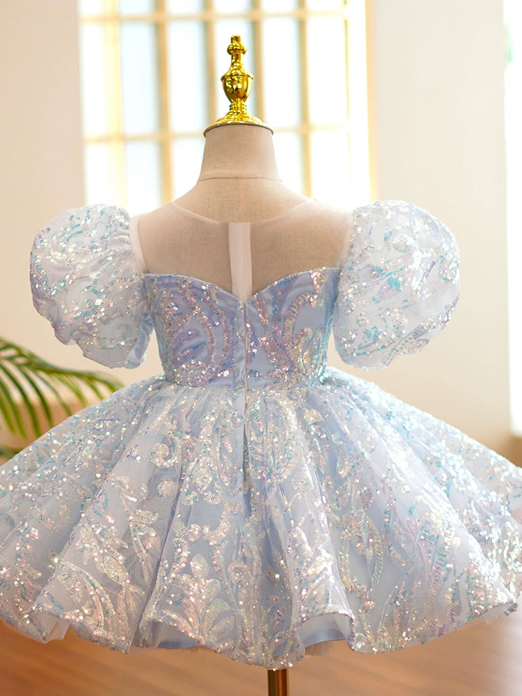 Princess Dusty Blue Sequined Back Zip Baptism Sequin Tea Length Short Sleeve Lantern Sleeve Round Flower Girl Dress